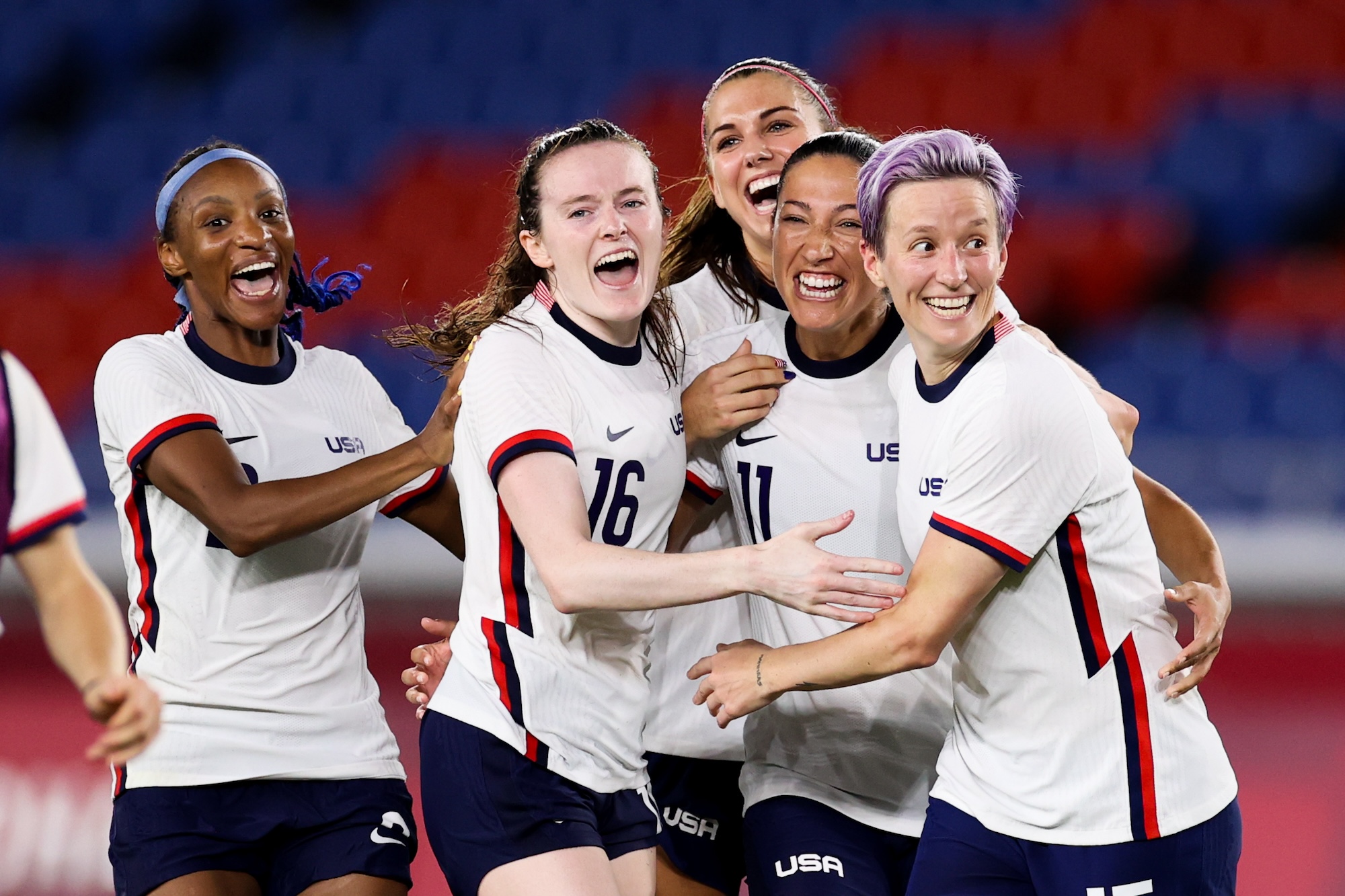 United States celebrates the victory after penalty shot out of the Women's Quarter Final match between Netherlands and United States on day seven of the Tokyo 2020 Olympic Games at International Stadium Yokohama on July 30, 2021 in Yokohama, Kanagawa, Japan.