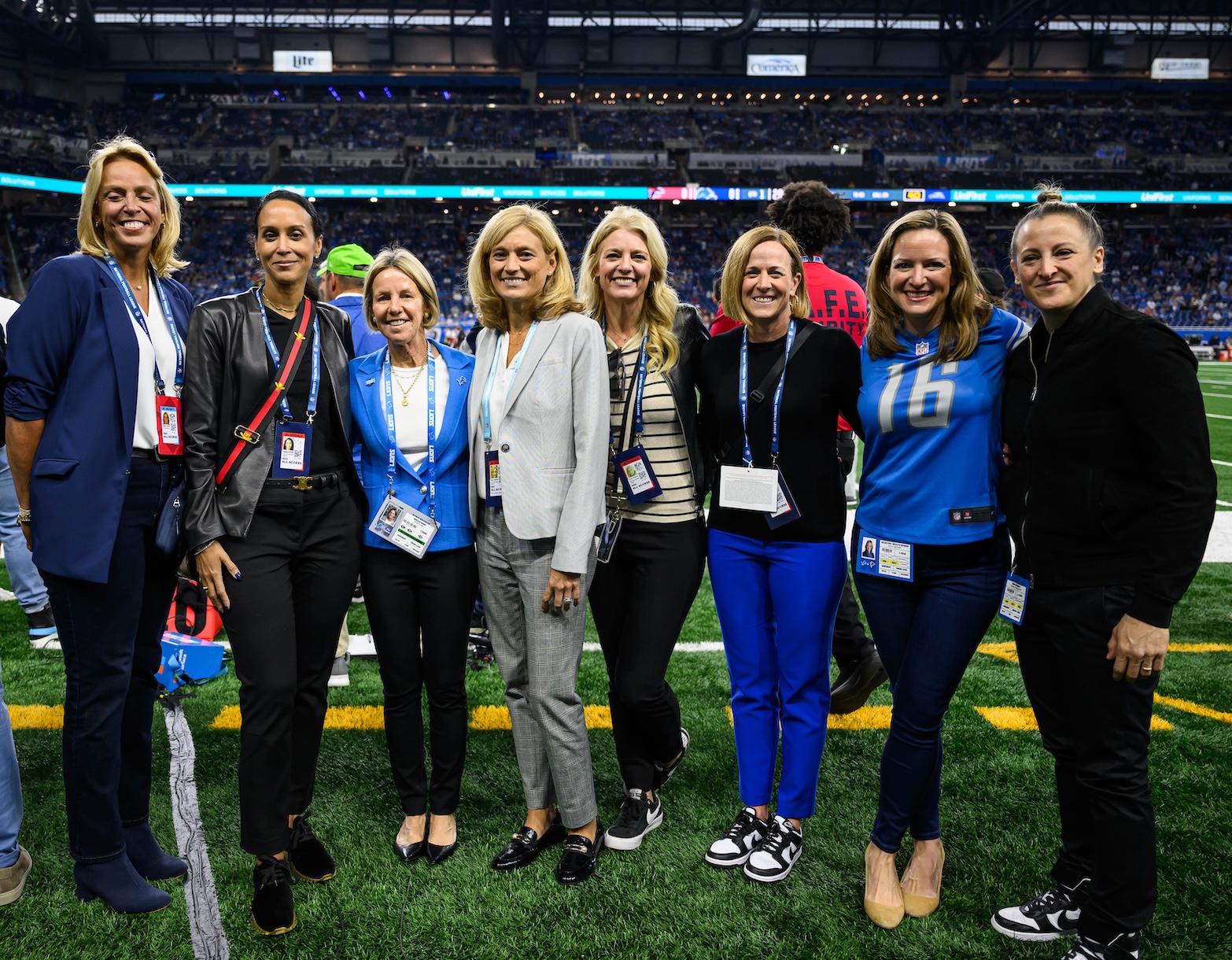 NFL Execs and Michigan Secretary of State Jocelyn Benson together with Detroit Lions Principal Owner and Chair Sheila Hamp during a NFL game against the Atlanta Falcons on Sunday, Sept. 24, 2023 in Detroit, MI. (Carl Jones II/Detroit Lions)